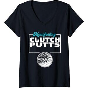Women's Black Small V-Neck Funny Golf Manifesting Putts T-Shirt